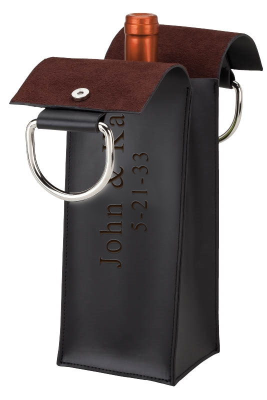 Personalized Black Wine Bottle Carrier with Metal Handle and