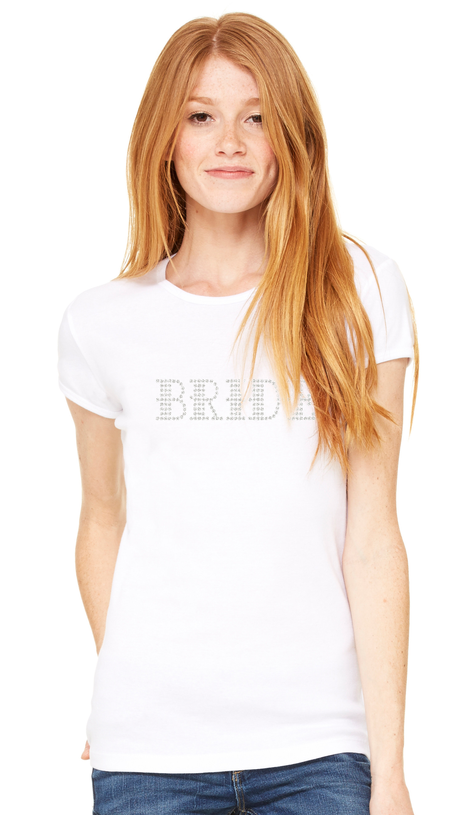 Personalized Women's Baby Ribbed Crystal Rhinestones Short Sleeve White Tee