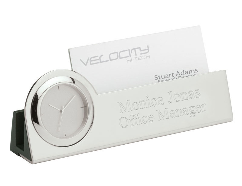 Silver Office Name Plate and Clock Business Card Holder