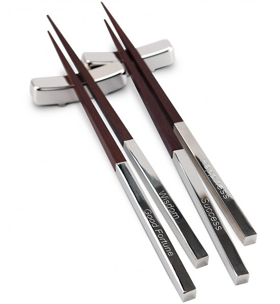 銀製chopsticks 3セット Engraved Brown Silver Asian Wood Chopsticks + Rest (3-Piece Set