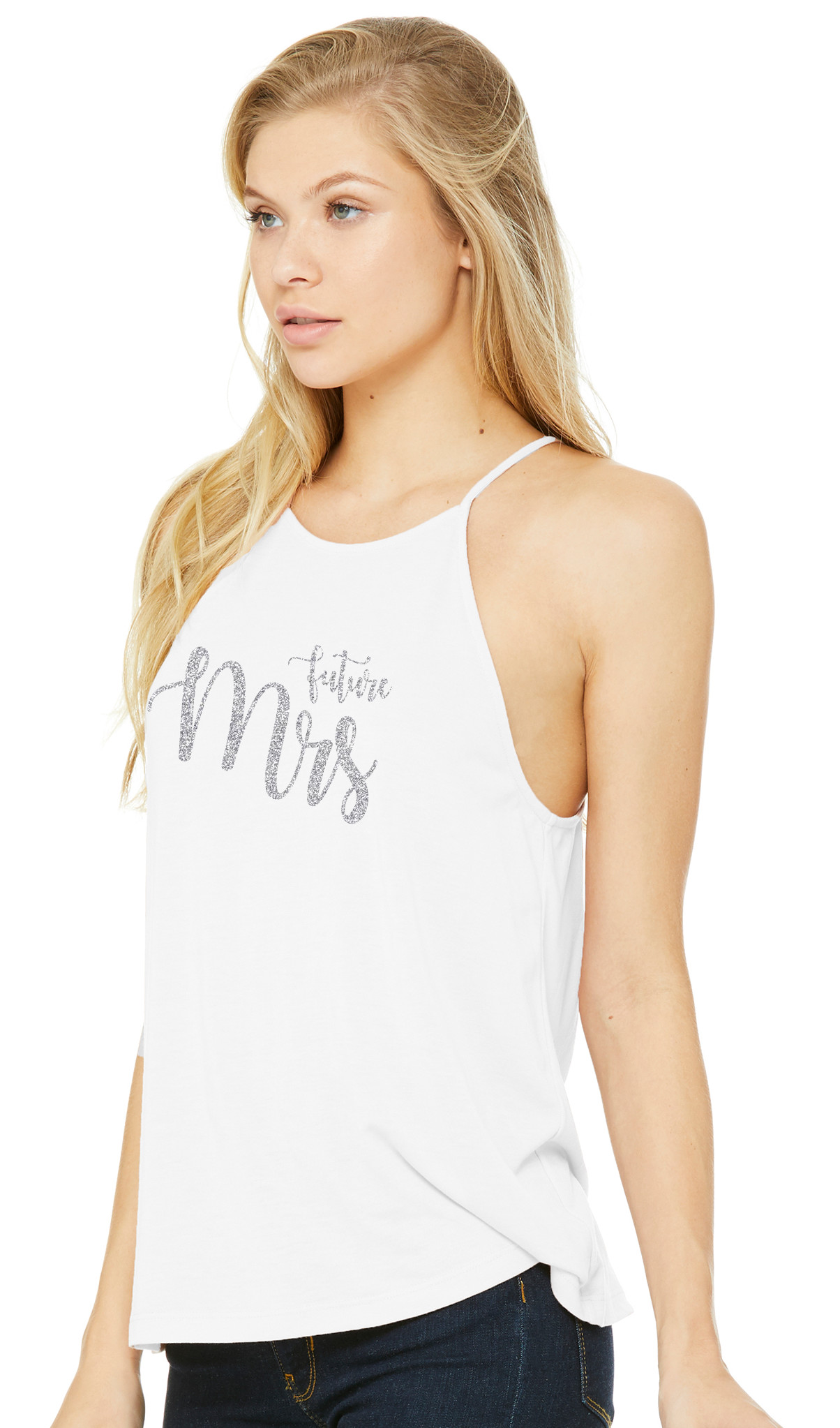 Future Mrs Flowy High Neck Custom Silver Glitter Flake Future Mrs Flowy High Neck Custom Silver Glitter Flake