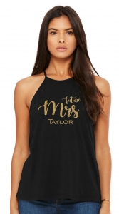 Future Mrs Flowy High Neck Custom Glitter Flake Bridal Black Tank Shirt