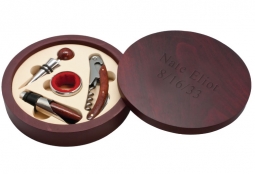 Personalized Round Wood Case 4-Pc Wine Tool Set