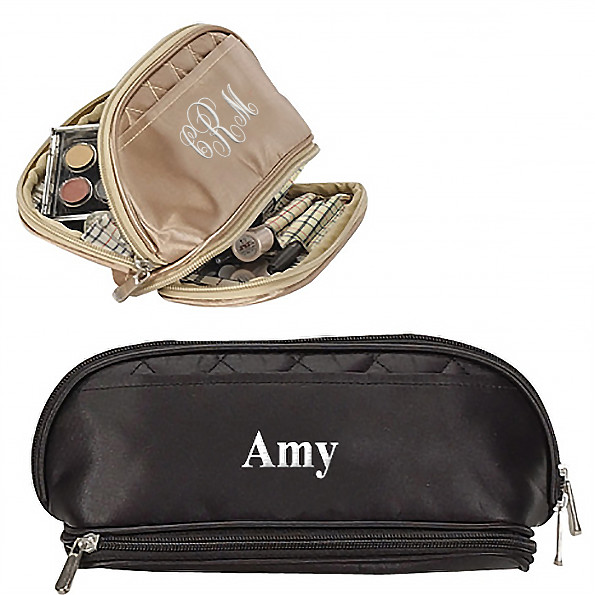 Compact Quilted Satin Travel Zipper Pockets Makeup Bag
