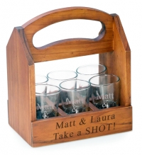 To Go Shot Glass Beverage Wood Caddy w/ 6 Shot Glasses