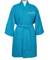 Thigh High Aqua Kimono Soft Waffle Weave Robe with Dual Pockets