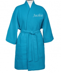 Thigh High Aqua Kimono Soft Waffle Weave Robe with Dual Pockets