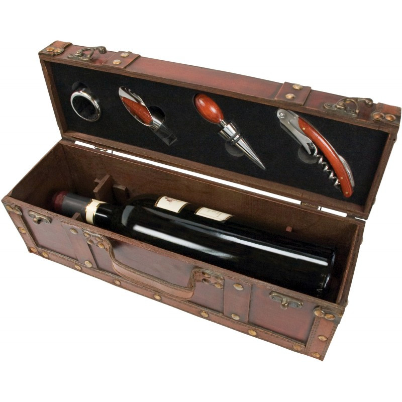 Treasure Chest Wood Wine Box and 4-Piece Wood Accent Wine Service Set