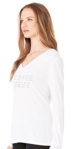 Women's White Flowy Long Sleeve V-Neck Crystal Rhinestones Shirt