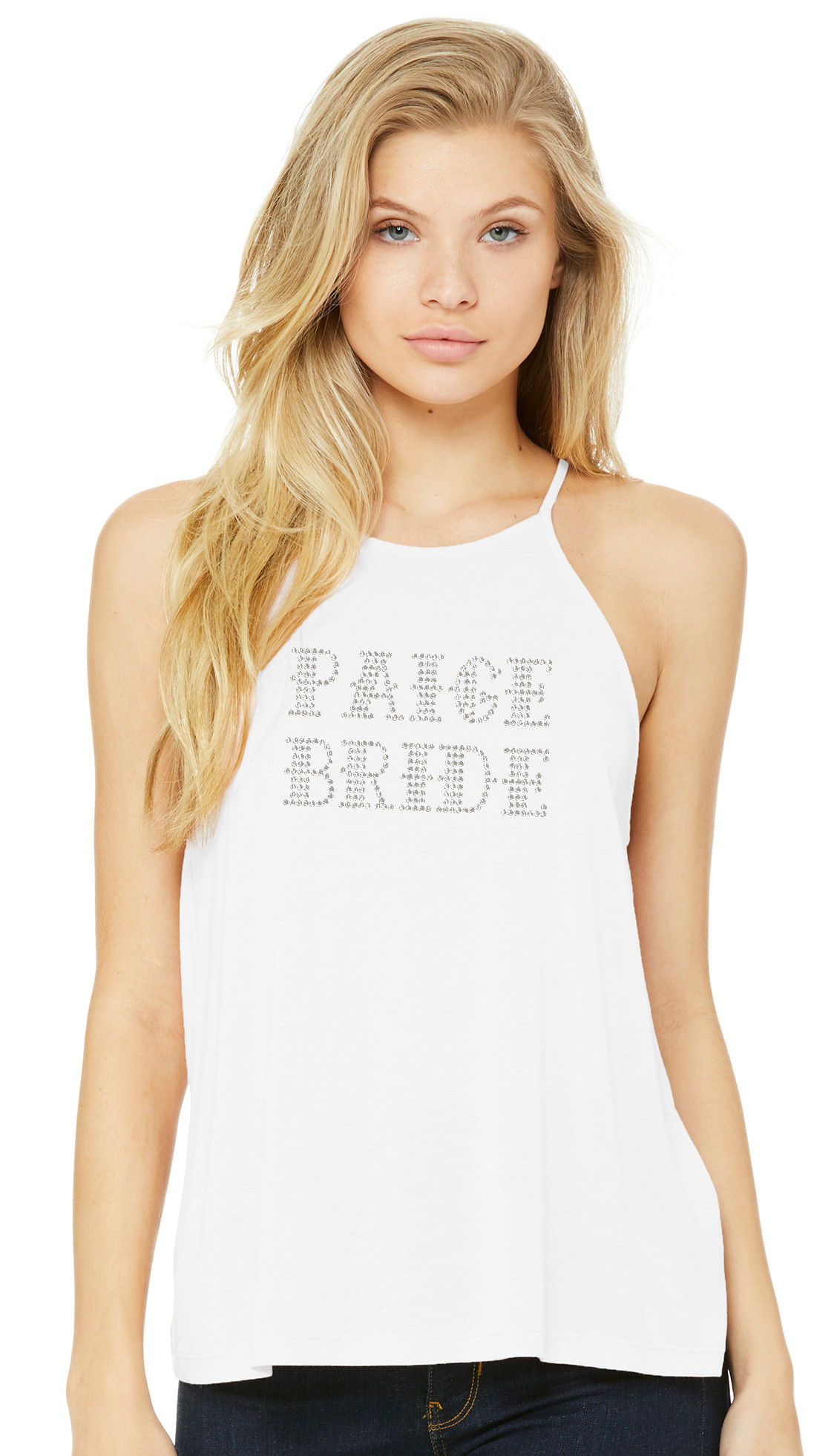 Womens Flowy High Neck Personalized Crystal Rhinestone White Tank Shirt