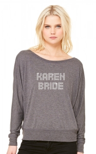 Women's Grey Flowy Long Sleeve Off Shoulder Custom Crystal Rhinestones Tee