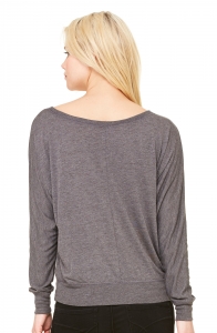 Women's Grey Flowy Long Sleeve Off Shoulder Custom Crystal Rhinestones Tee