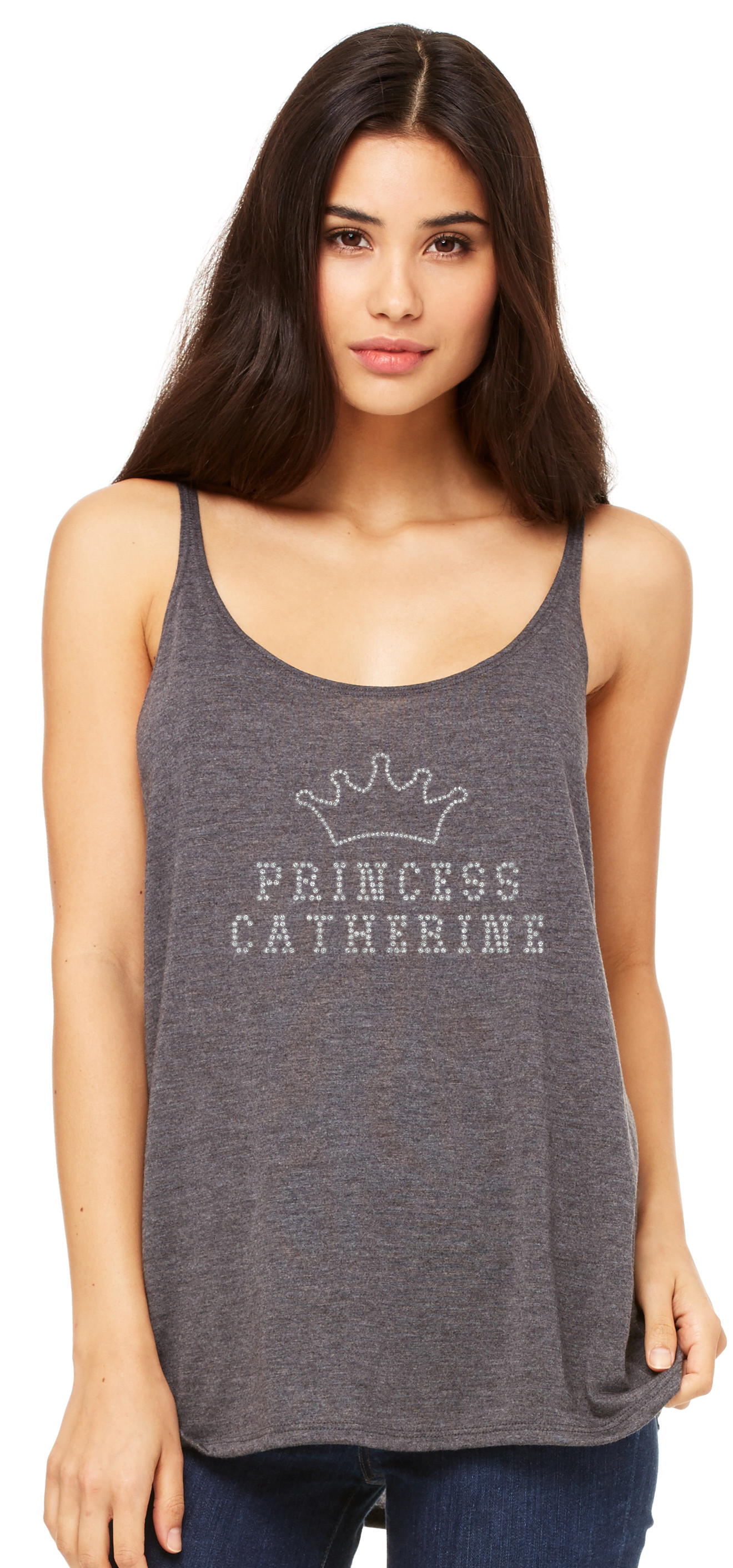 Crown Princess Rhinestones Womens Flowy Asphalt Slub Tank Top